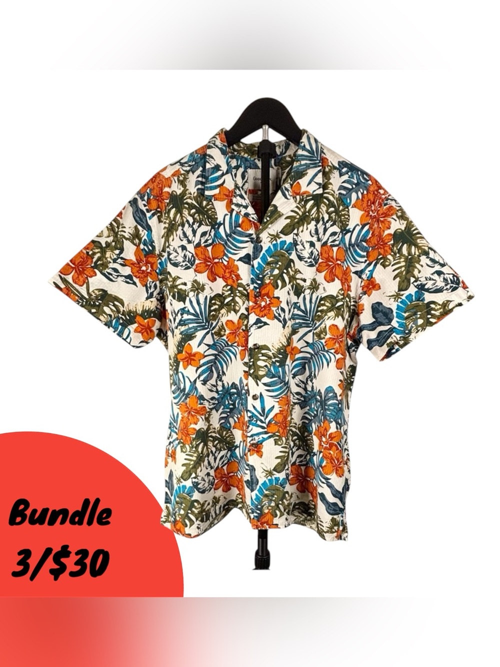 Goodfellow & Co Orange Floral Tropical Button-Down Shirt on Cream Aloha Vacation